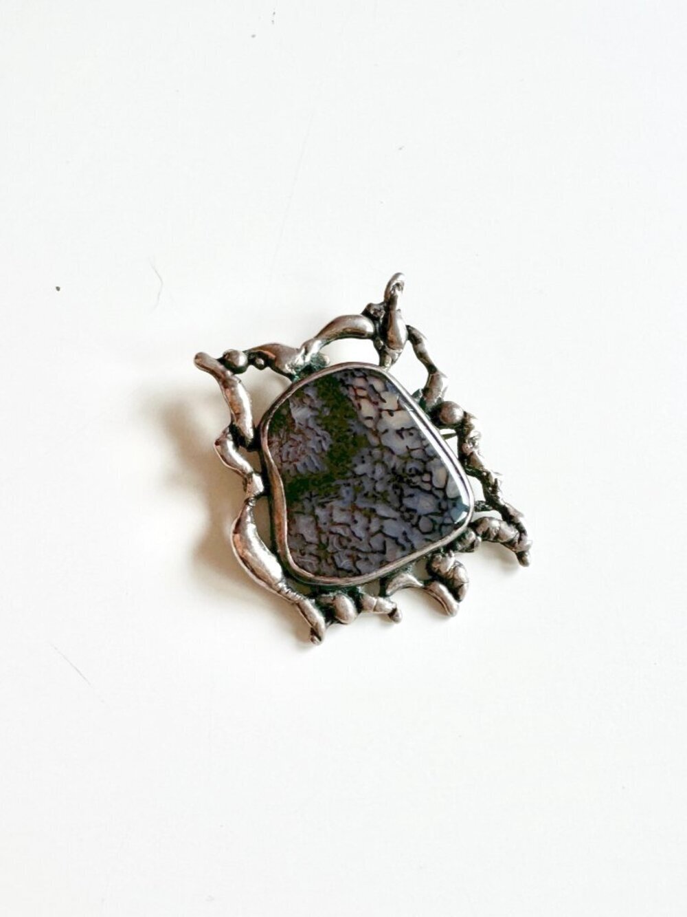 Vintage MK Sterling Silver Brutalist Modernist Purple Agate Brooch Pendant - Picture 2 of 15